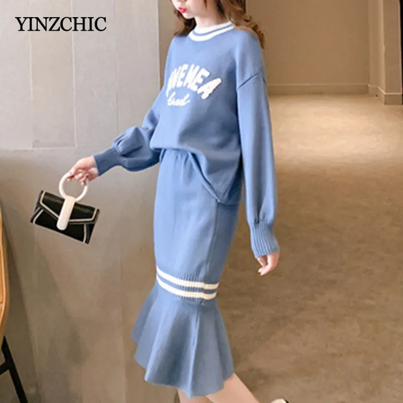 

New Autumn Woman Knitted Suits Casual Female Sweater Mermaid Skrit Sets Winter Warm Basic Two-pieces Knit Sets for Woman