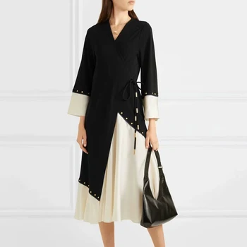 

Retro Stitching Contrast Color Simple Belt Buttons Sexy V-Neck Black Mid-Length Dress Women'S Spring And Summer High Quality