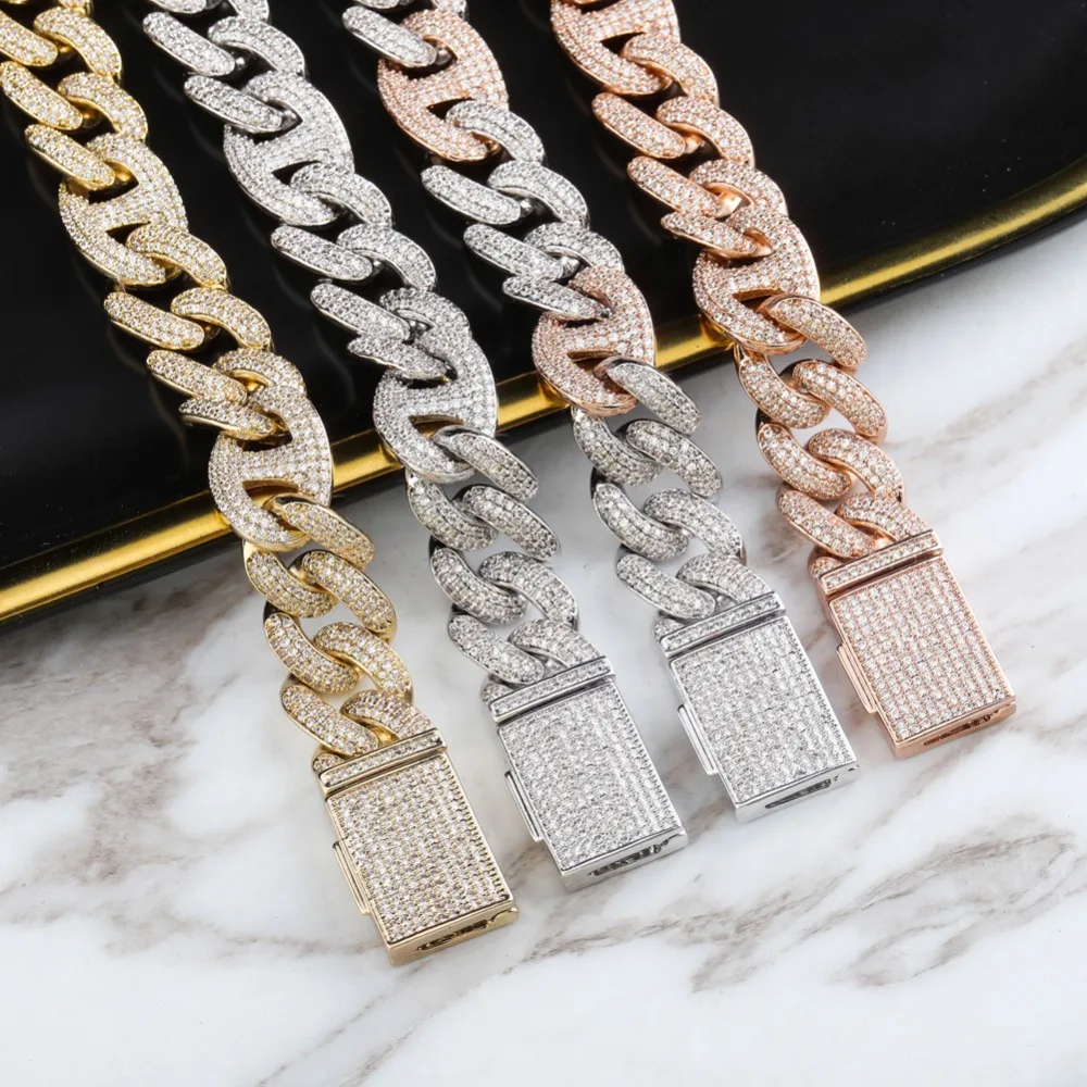 GUCY 7-9 Inch Lock Clasp 14mm Heavy Iced Out Cuban Bracelet Chains Cubic Zircon Link Hip Hop Rock Jewelry For Men Women