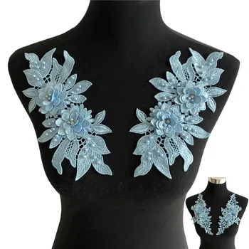 

A pair of Blue Flowers Polyester Hollow ABS pearl 3D Rhinestone Dress Gorgeous DIY Lace Embroidery all for Sewing Applications