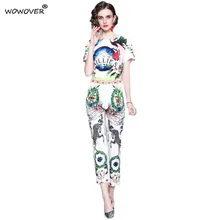 

Summer Fashion Streetwear 2021 New Runway Suit Women Short Sleeve Animal Print Top and Pants 2 Piece Clothing Set Casual Outfits