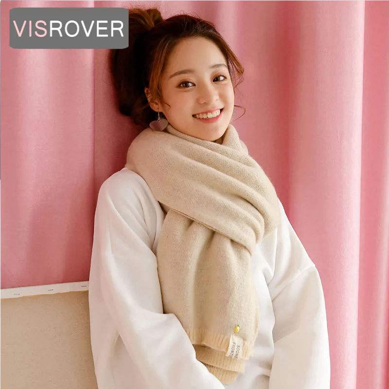 

VISROVER solid color knitted winter scarf fashion female shawls soft handfeeling winter wraps with pin winter hijab scarf