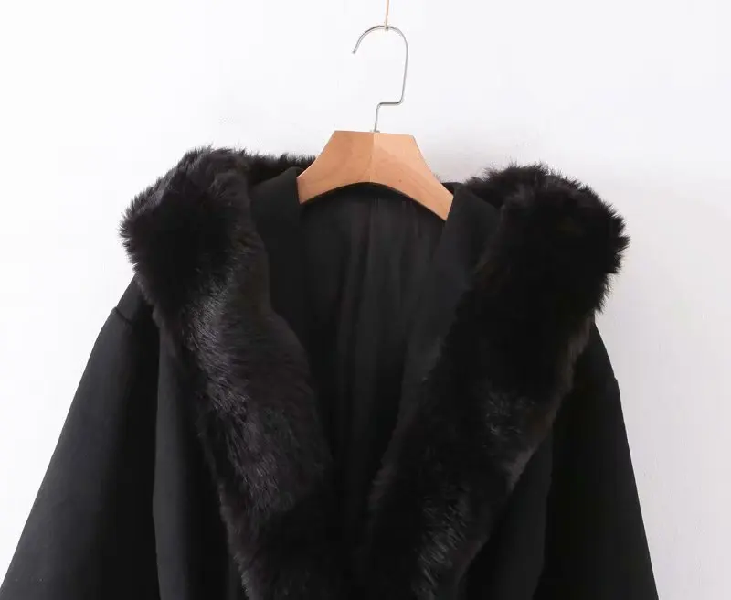 Осенне-зимнее женское пальто со съемным искусственным мехом, с отворотом, с длинным рукавом, шерстяное пальто, с карманами, с поясом, длинное теплое Черное пальто, Manteau Femme