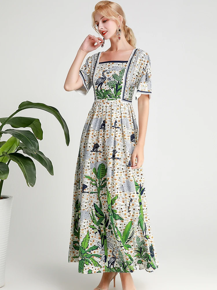 MoaaYina, модное дизайнерское подиумное платье, весна-лето, женское платье с расклешенными рукавами, с принтом «тропический лес», длинные платья