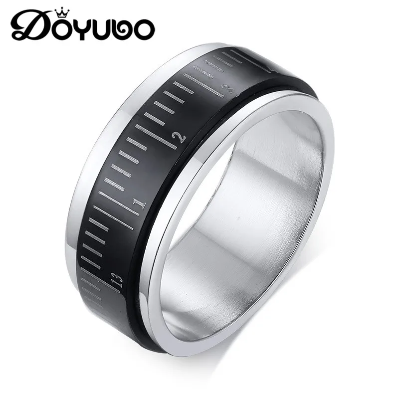 

DOYUBO Rotating Men's Black Ruler Shape Titanium Steel Rings Punk Design Male Stainless Steel Finger Ring Accessories DA104