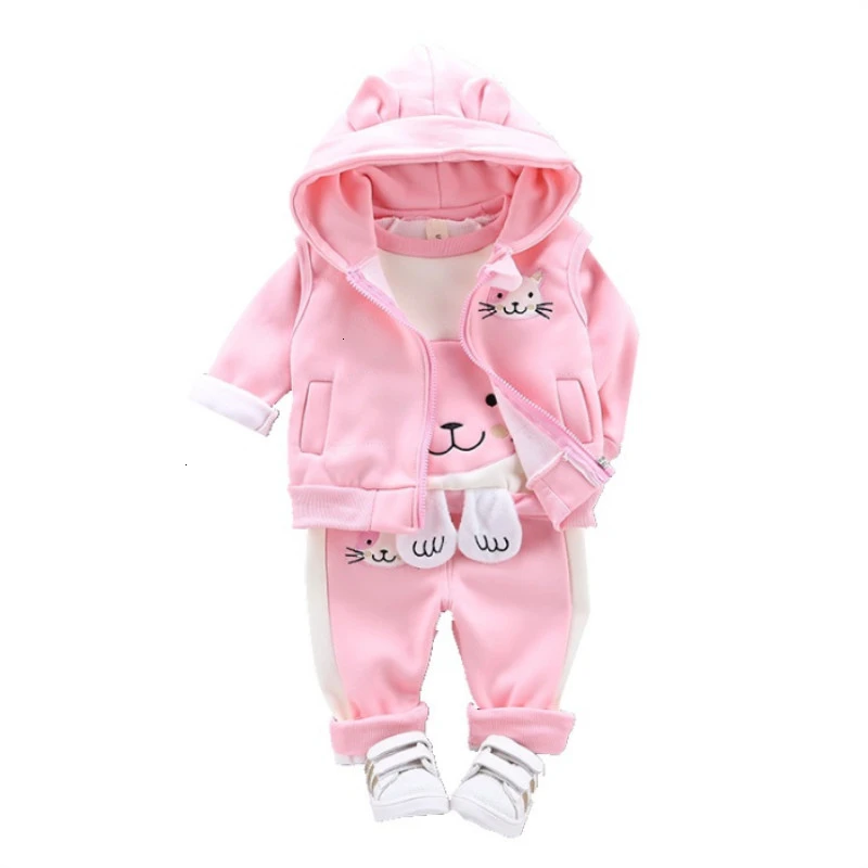 Зимние Костюмы Кот в комплекте, утепленный костюм для мальчиков теплая одежда на Хлопчатобумажной Подкладке для мальчиков и девочек, жилет с капюшоном, футболка и штаны, 3 шт./компл. комплект одежды для детей, спортивный костюм