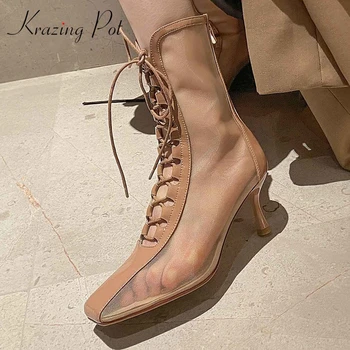 

krazing pot real leather air mesh sun protection sexy dress summer shoes women thin high heels square toe zipper ankle boots L16