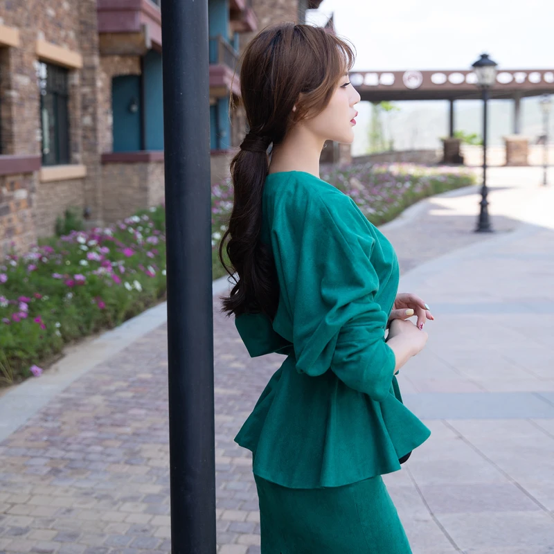 Винтажное зеленое замшевое облегающее платье-карандаш, комплект из двух предметов, Однотонный женский комплект 2 шт. Топ с длинным рукавом и юбка, летний комплект