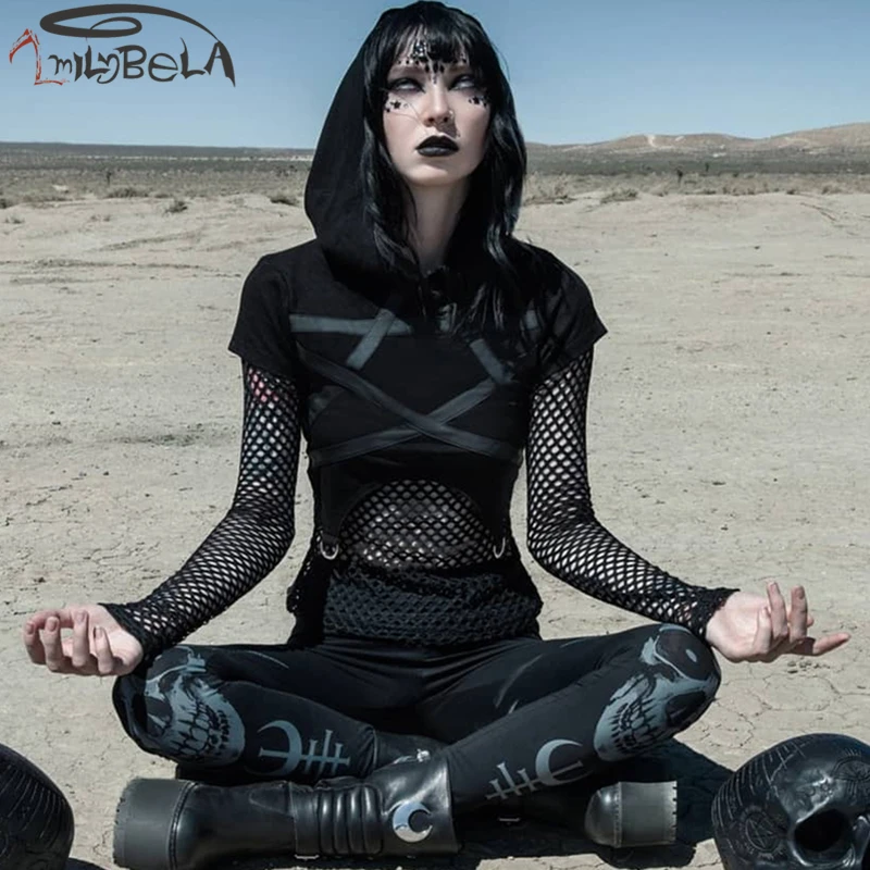 

Imily Bela Gothic Hoodies Mesh Splicing Long Sleeve Patchwork Hooded Sweatshirt Two Pieces Black Sexy Bodycon Hollow Out Tops