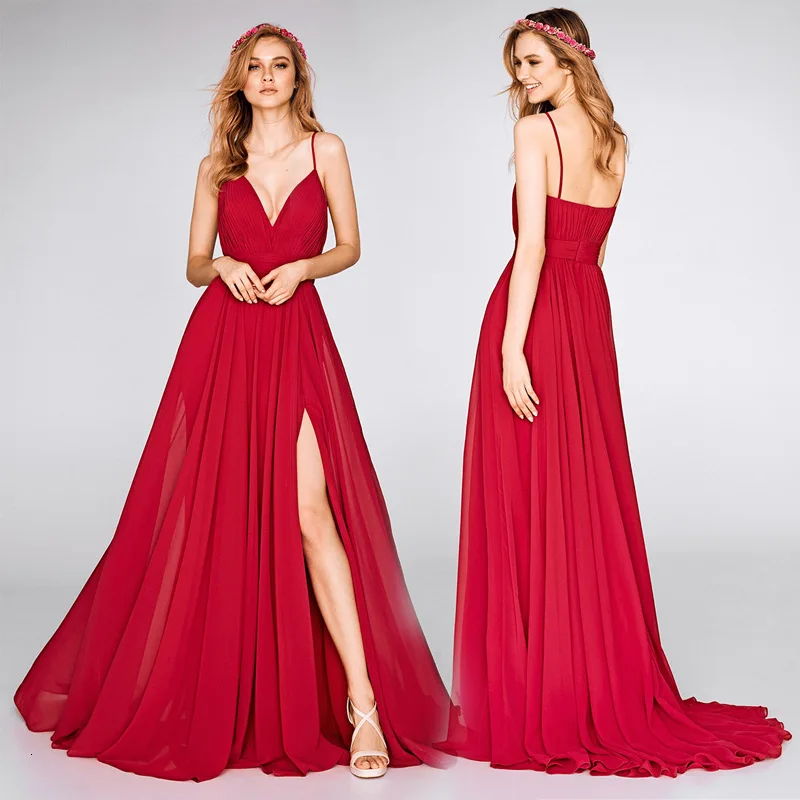 Вечерние платья для девочек с v-образным вырезом, шифоновое длинное сексуальное красное вечернее платье, специальные вечерние платья, Vestido Da Dama De Honra
