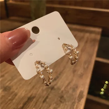 

MENGJIQIAO Korean Elegant Shiny Rhinestone Oval Circle Stud Earrings For Women Elegant Pearl Micro Pave Brincos Party Girl Gift