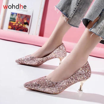 

wohdhe Pointed Toe Bling Women Pumps Slip On Shallow Thin Heels 5.5cm Sandals Wedding Bride Party Shoes Office Shoes Women 35-43
