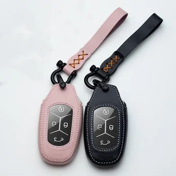 

High quality Leather Car Key Case Cover For Geely LYNK&CO 01 02 03 2017 2018 Auto Smart Remote Key Shell Protector Accessories