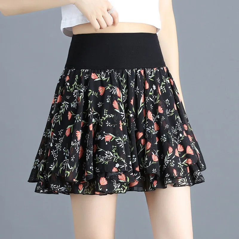 Elastic High Waist Swing Floral Chiffon Black Pleated Short