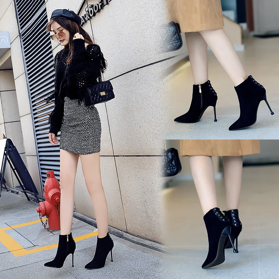 

High heels boots women 10cm Pointed and ankle boots for women Chelsea boots high heel stiletto women Black velvet zipper