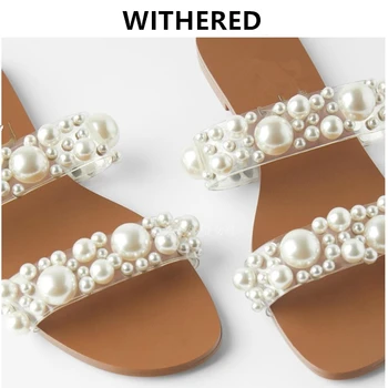 

Withered england elegant ins fashion blogger pearls bandage summer beach slippers women shoes woman shoes women flat shoes