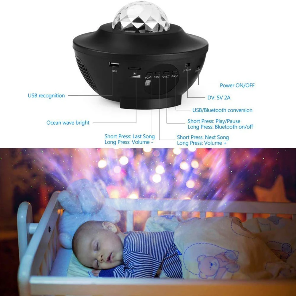Estrela da Noite Lâmpada do Projetor com Temporizador de Controle Remoto e Bluetooth Música para o Bebê Romântico Oceano Onda Estrela Mar Alto-falante Crianças Luz 5 estrela mar lâmpada do projetor com temporizador
