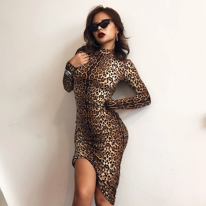 leopard print long sleeve slim bodycon sexy dress 2019 autumn winter women streetwear party festival dresses outfits