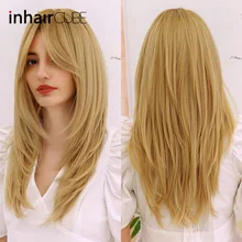 Inhaircube Long Blonde Synthetic Wigs with Bangs For White/Black Women Straight Cosplay Wig Heat Resistant Fibre Hair Free Nets