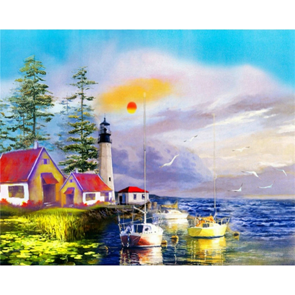 Diy Diamond Embroidery Sunset Coast Cottage Painting Cross Stitch Needlework Rhinestone Pasted |