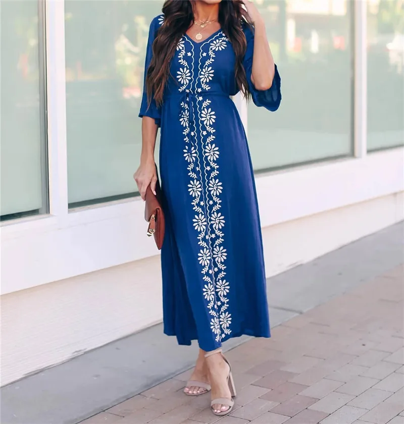 Bikini Cover Ups Bohemian Embroidered Elegant Long Summer Beach Dress Blue Cotton Tunic Women Beachwear Robe de plage N925