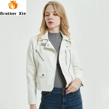 

2020 New Women Faux Pu Motorcycle Zipper Short Jacket Coat Faux Soft Leather Female Biker Turndown Collar Rivet Outerwear