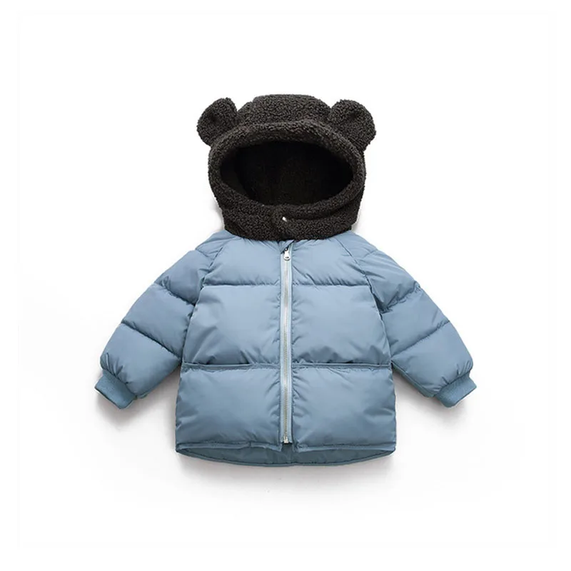 Детская зимняя куртка детские осенне-Осенние теплые куртки Одежда для маленьких мальчиков и девочек Хлопковое пальто с капюшоном и милым медведем для малышей, верхняя одежда - Цвет: Blue