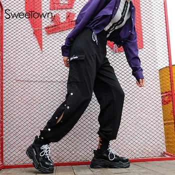 

Sweetown Black Streetwear Pantalon Femme Side Button Women's High Waist Sweatpants And Joggers Korean Fashion Hippie Harem Pants