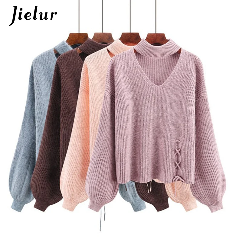 Jielur 5 Solid Color Hollow Lace-up Sweater Women Korean Style Winter Pullover Lantern Sleeve Warm Streetwear Sueter Mujer 2021 | Женская
