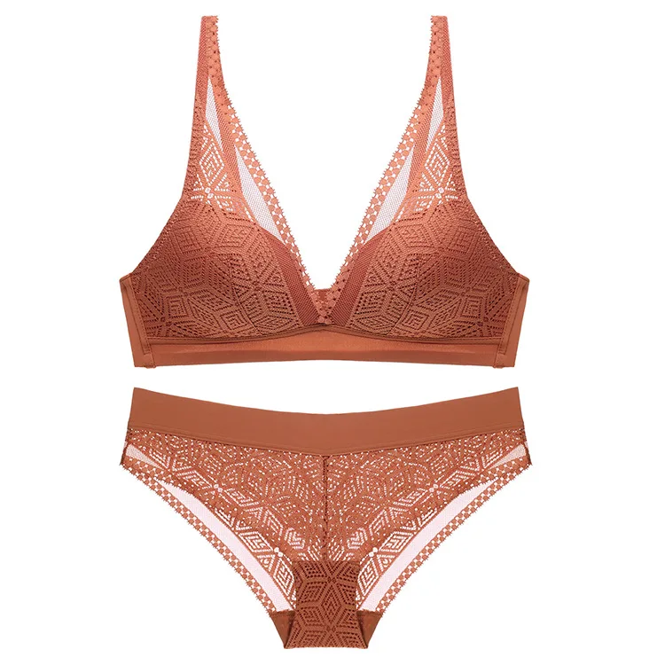 caramel colour Винтажный кружевной бюстгальтер с глубоким v-образным вырезом и тонкой чашкой, без камней, с алмазным узором, французский беспроводной бесшовный комплект нижнего белья, женское белье - Цвет: caramel colour