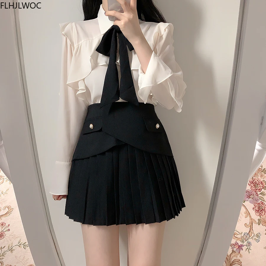 Ruffled Bow Tie Top Autumn Basic Office Lady Work Wear Flare Sleeve Cute Women Single Breasted Button Solid White Shirts Blouses 5