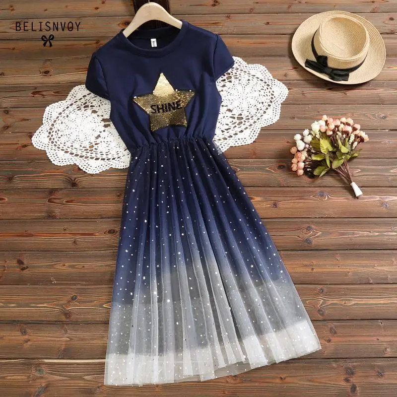 New College Style Dress 2020 Summer Mesh Gradient Patchwork Sequins Star Femininos Vestidos Short Sleeve Midi Girls Dresses | Женская