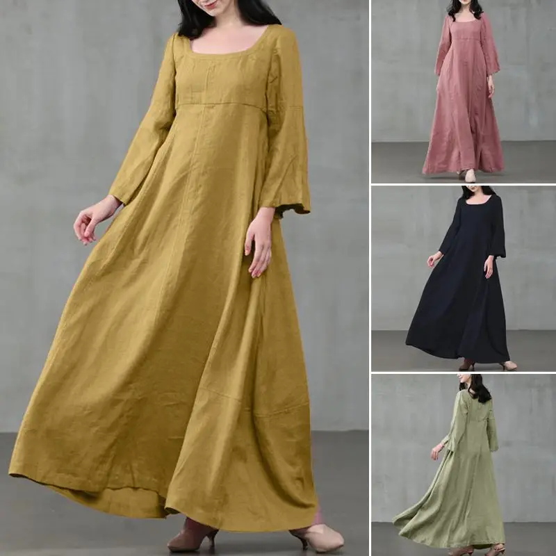 Retro Square Neck Maxi Dress Womens Autumn Sundress ZANZEA 2020 Casual Flare Sleeve Vestidos Female Solid Robe Oversized 5XL