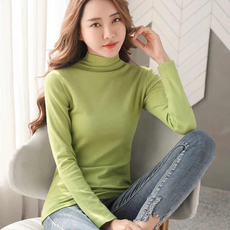 

Women's T Shirt Long Sleeve Solid Basic Slim Cotton Autumn New Tops Female Turtleneck Casual Fashion Korean Tees T-Shirts Femme