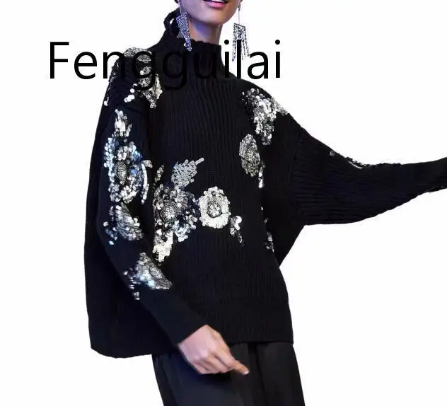 FENGGUILAI 2020 Women Sequined Flower Knitted Sweater Loose Turtleneck Sequins Beading Pullovers Sweater Winter Thick Black Tops FENGGUILAI 2020 Women Sequined Flower Knitted Sweater Loose Turtleneck Sequins Beading Pullovers Sweater Winter Thick Black Tops