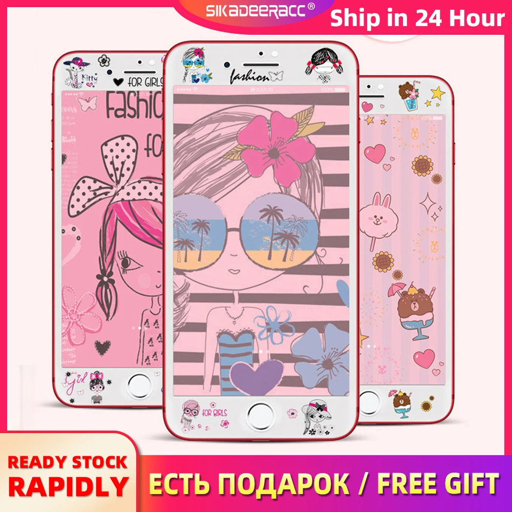 

3D Pink Cartoon Tempered Glass Screen Protector For iPhone 6 6s 7 8 Plus Cute Curved Edge Scratchproof Film Protective Cover