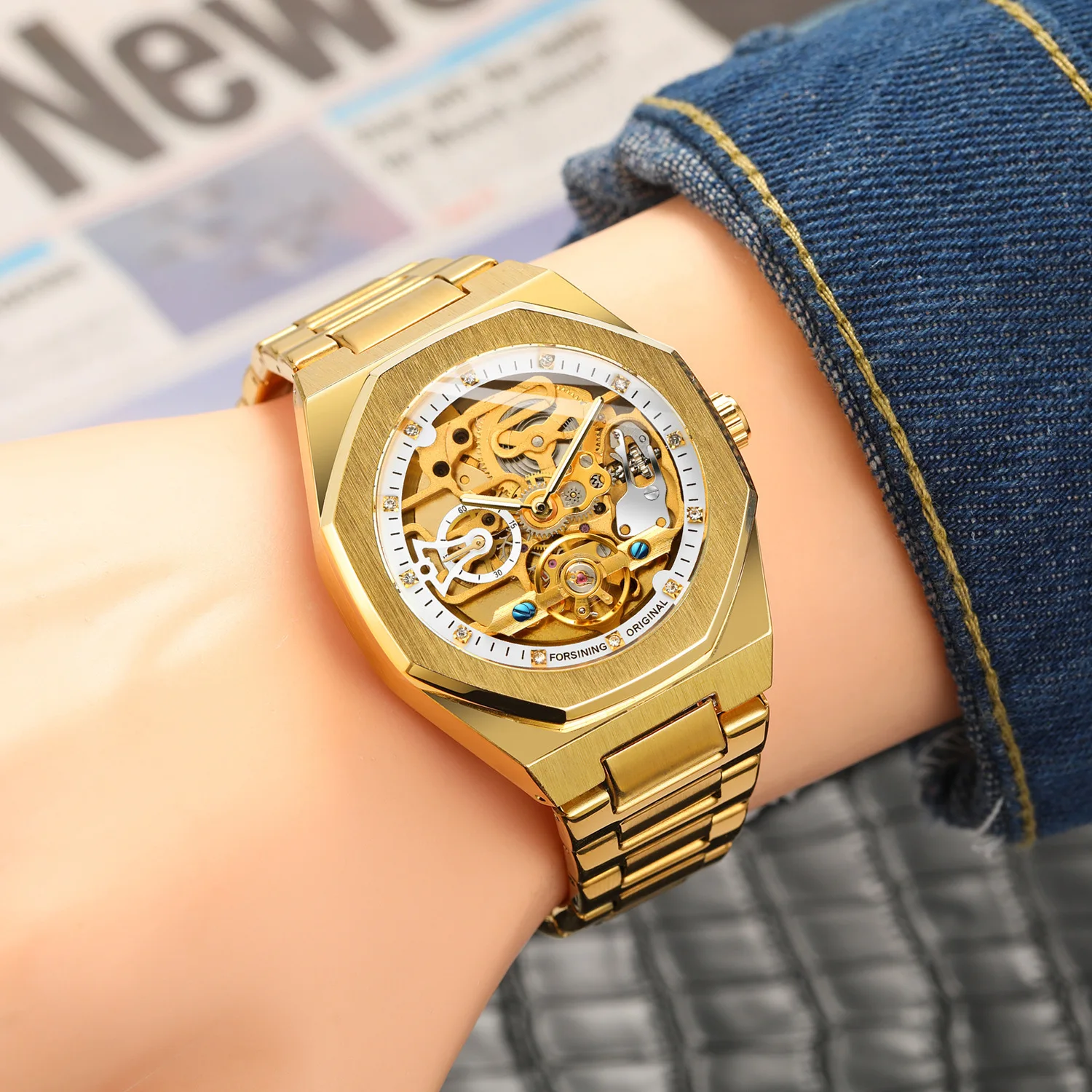 2021 Forsining Top Brand Luxury Automatic Mechanical Watch Luminous Three Eyes Six Needles Skeleton Male Wrist Watch Wrist Clock