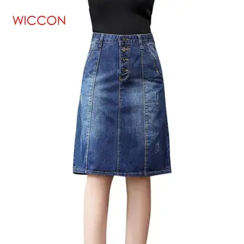 

3XL High Quality Autumn Denim Skirts Womens High Waist Knee Length Button Pockets Jeans Skirt Casual A-line Ladies Skirt faldas