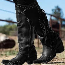 Винтажные женские ботинки г. Удобные ботинки с бахромой и квадратным носком на низком каблуке, западное Родео, без шнуровки женская обувь# y3