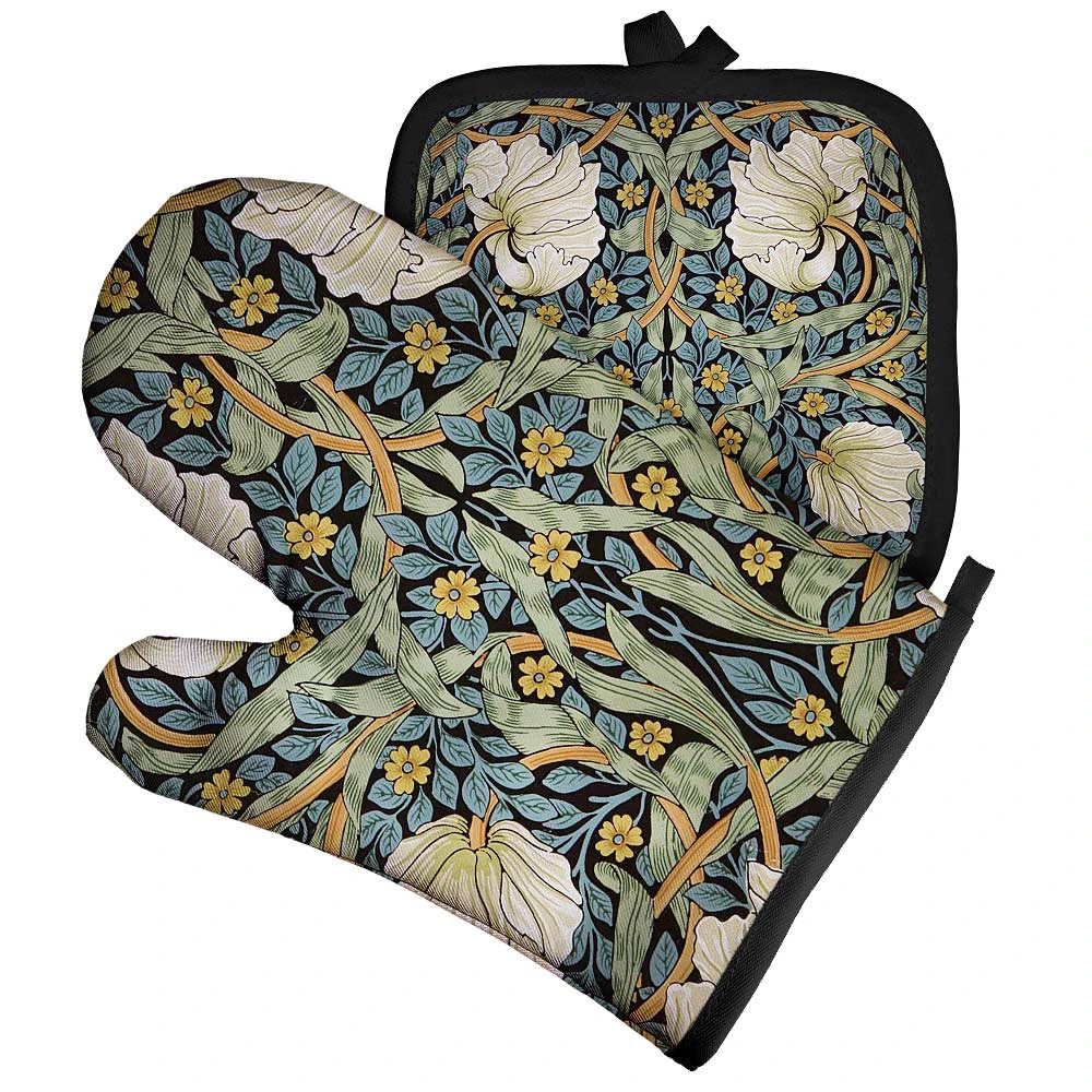Kitchen Gloves Plant Pattern Polyester Oven Glove Heatproof Mitten Oven Mitts and Potholder Mat for Kitchen Retro pattern Insulated Gloves