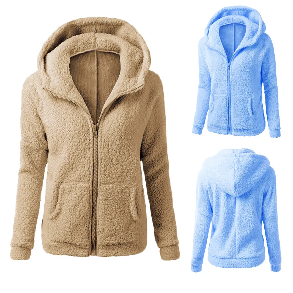 Women Solid Color Coat Thicken Soft Fleece Winter Autumn Warm Jacket Hooded Zipper Overcoat Female Fashion Casual Outwear Coat