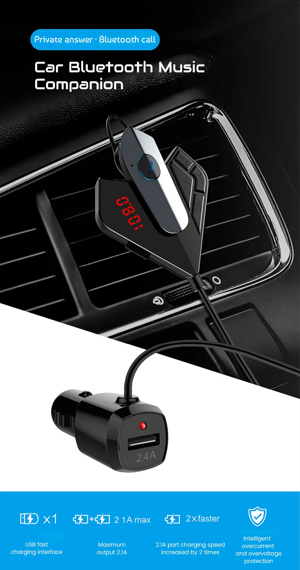 V5.0 Bluetooth Handsfree автомобильные наушники fm-передатчик беспроводной 2.1A USB быстрое автомобильное зарядное устройство с TF слотом автомобильный комплект