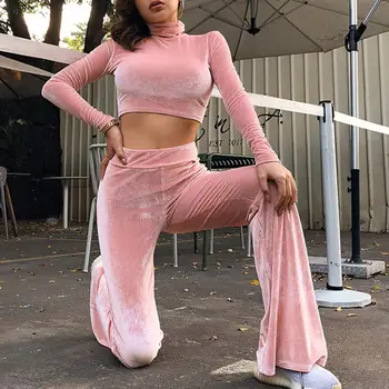 

Fashion Women Turtle Neck Sweatshirt Crop Top Wide Leg Long Pants Tracksuit