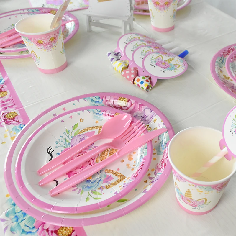 1Set Unicorn Party Supplies Disposable Tableware Kits Birthday Party Unicornio Decoration Kids Gift Box Unicorn Paper Plates
