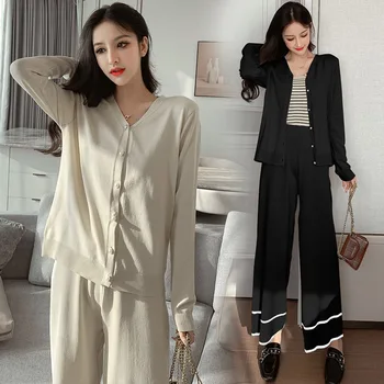 

Set Pants Three-piece Set WOMEN'S Sweater Coat Loose Autumn Graceful Knitted Cardigan Two-Piece Set High-waisted Loose Pants