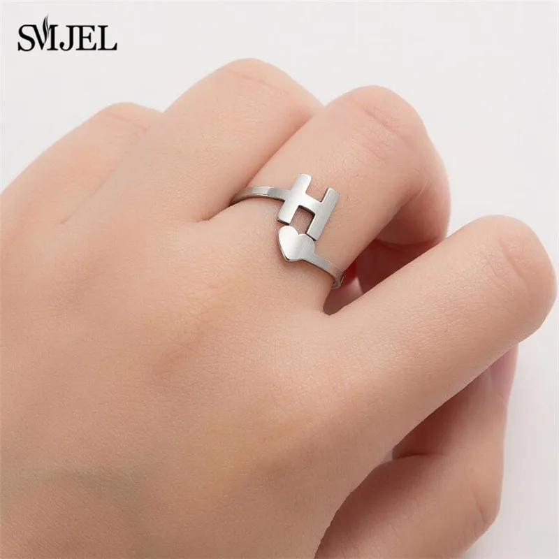SMJEL Tiny Heart A-Z Letter Rings Adjustable Stainless Steel Opening Ring Initials Name Alphabet Female Party Trendy Jewelry finger ring stainless steel ring adjustable rings opening ring sparkling heart ring