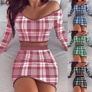 

Women Sexy V Neck Plaid Printed Suit Female Autumn Fashion Grid Print Long Sleeve Slim Fit Crop Top Mini Skirt 2 Pcs Set D30
