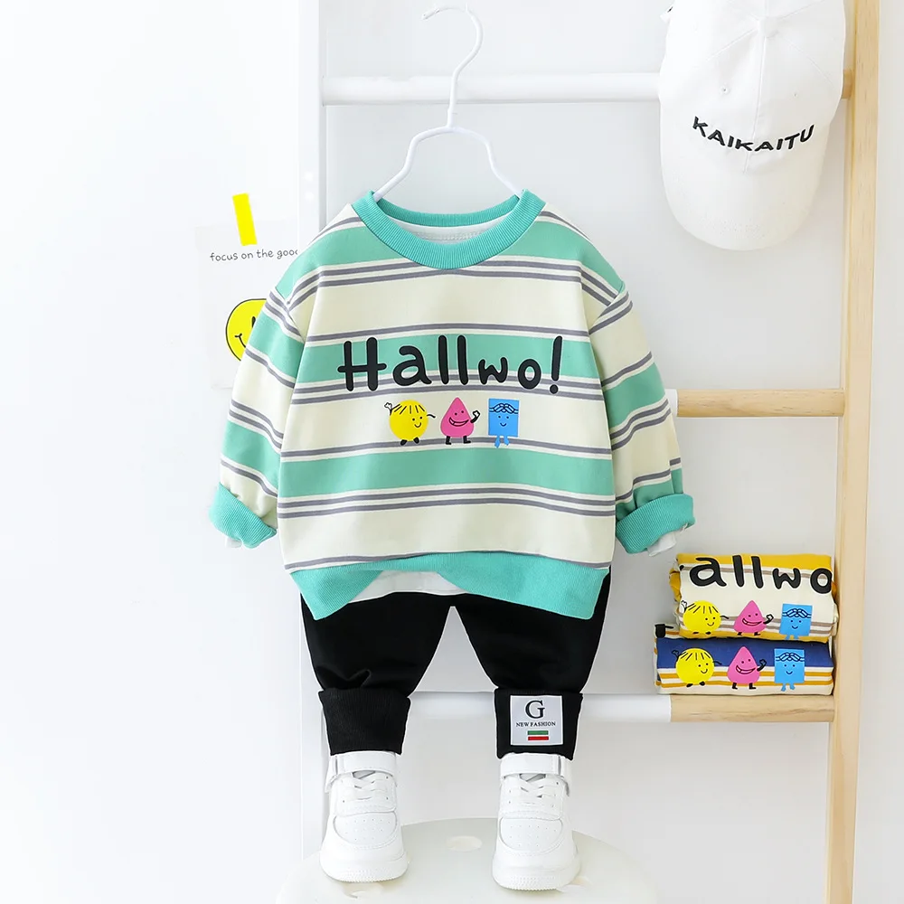 Весенние полосатые футболки с длинными рукавами и рисунком для маленьких мальчиков+ повседневные брюки детские костюмы из 2 предметов Спортивная одежда для девочек; комплекты одежды - Цвет: Зеленый