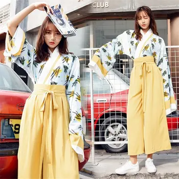 

2020 Japanese Kimono for Woman Oriental Fashion Japan Clothing Set Large Long Sleeve Wide Leg Pants Party Photography Costumes