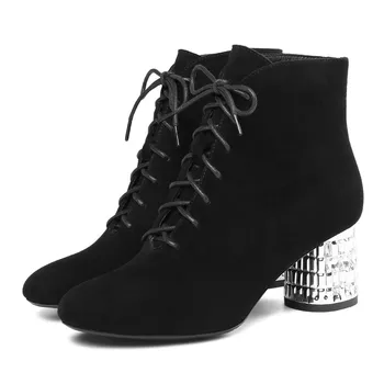 

Plus size 34-43 women's genuine suede leather crystal heel alce-up ankle boots elegant ladies female short booties heels shoes